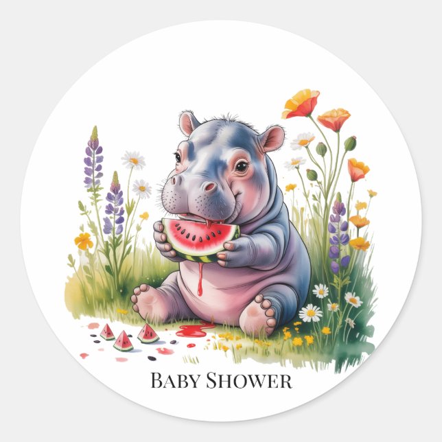 Cute Baby Hippopotamus Watermelon Baby Shower Runder Aufkleber (Vorderseite)