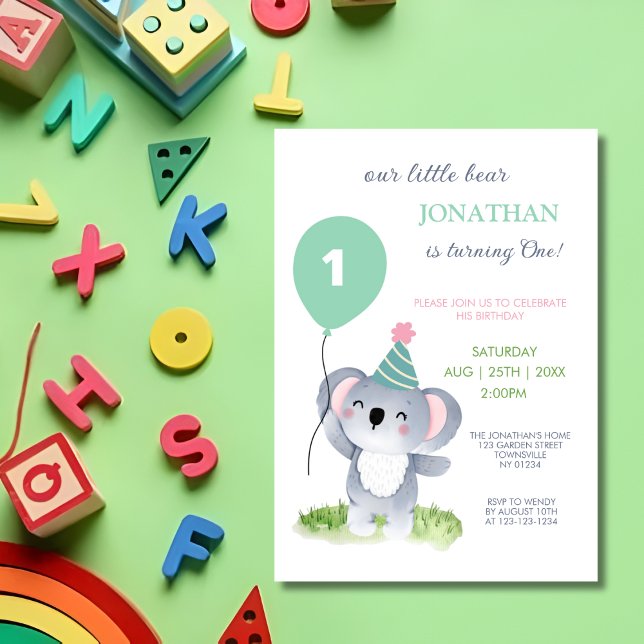 Cute Baby Koala Balloon Kids Birthday Einladung (Von Creator hochgeladen)