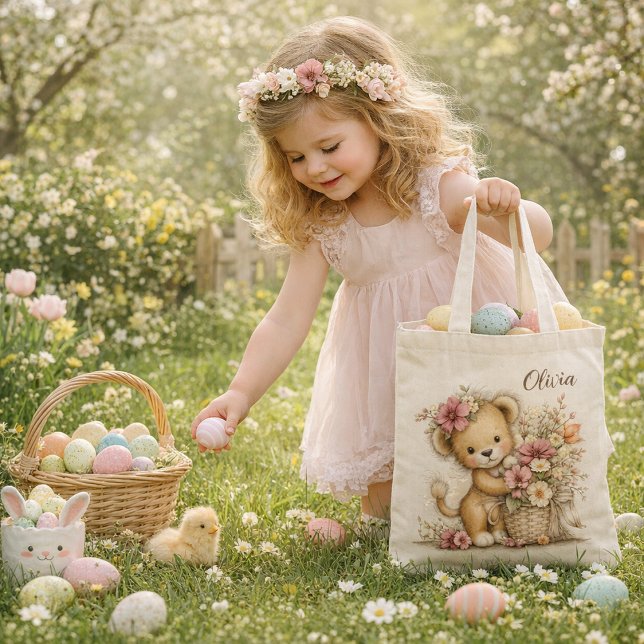 Cute Baby Lion with Flowers – Kids Easter Tote Bag Tragetasche (Von Creator hochgeladen)