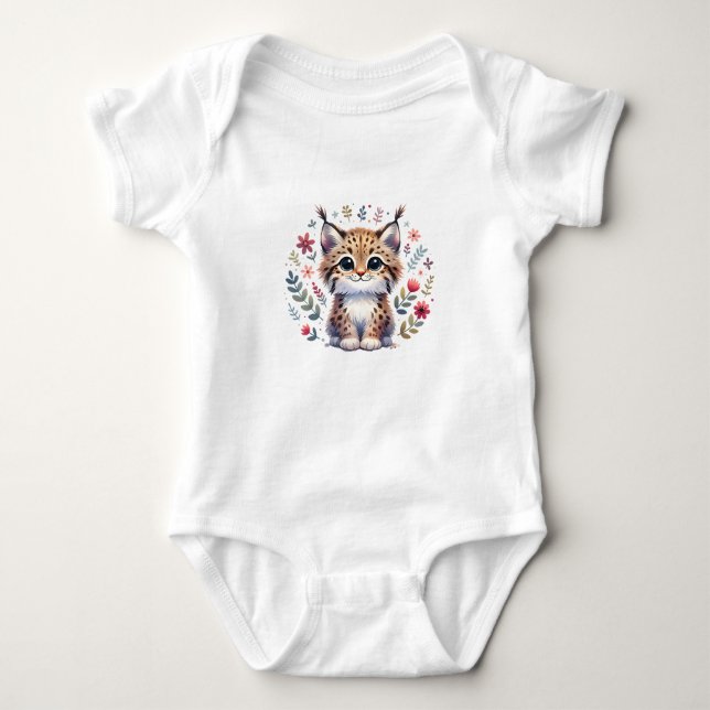 Cute Baby Lynx with Flowers Strampler (Vorderseite)