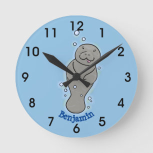 Cute baby manatee with bubbles illustration runde wanduhr