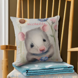 Cute Baby Mouse Pastel Watercolor Spring Flowers Kissen