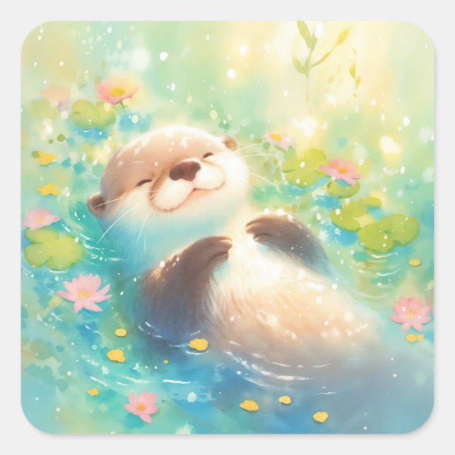 Cute Baby Otter Floating in Sunlit Blue Pond Quadratischer Aufkleber (Vorderseite)