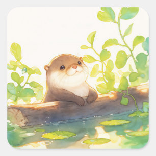 Cute Baby Otter Resting on Log with Water Quadratischer Aufkleber