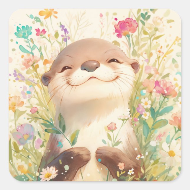 Cute Baby Otter Smiling in Meadow Flowers Quadratischer Aufkleber (Vorderseite)