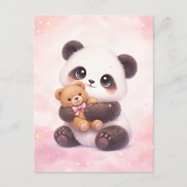 Cute Baby Panda Hugging Teddy Bear Postcard Postkarte (Vorderseite)