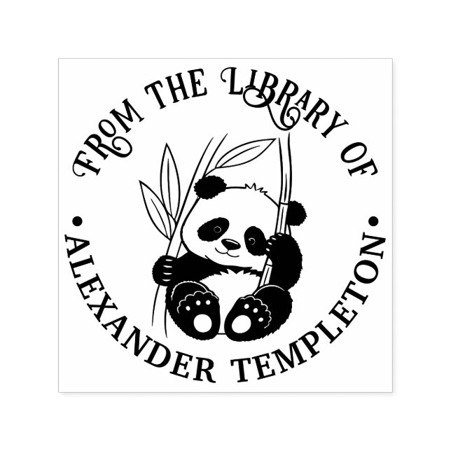 Cute Baby Panda with Bamboo Library Book Name Permastempel (Design)