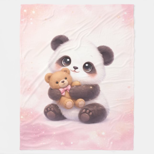 Cute Baby Panda with Teddy Bear Fleece Blanket (Vorderseite)