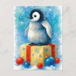 Cute Baby Penguin Christmas Watercolor Postcard Feiertagspostkarte
