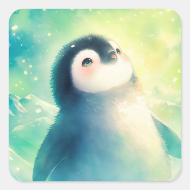 Cute Baby Penguin Gazing at Aurora Borealis Sky Quadratischer Aufkleber (Vorderseite)