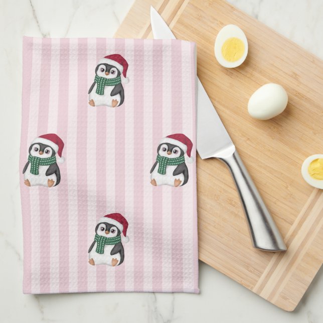 Cute Baby Penguin Wearing Santa Hat Christmas Geschirrtuch (Viertel Falte)