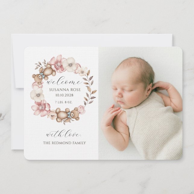 Cute Baby Photo Teddy Bear Wreath Birth Ankündigung (Vorderseite)