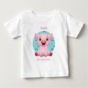 Cute Baby Pig Cartoon, DIY Name & Pink Text Baby T-shirt