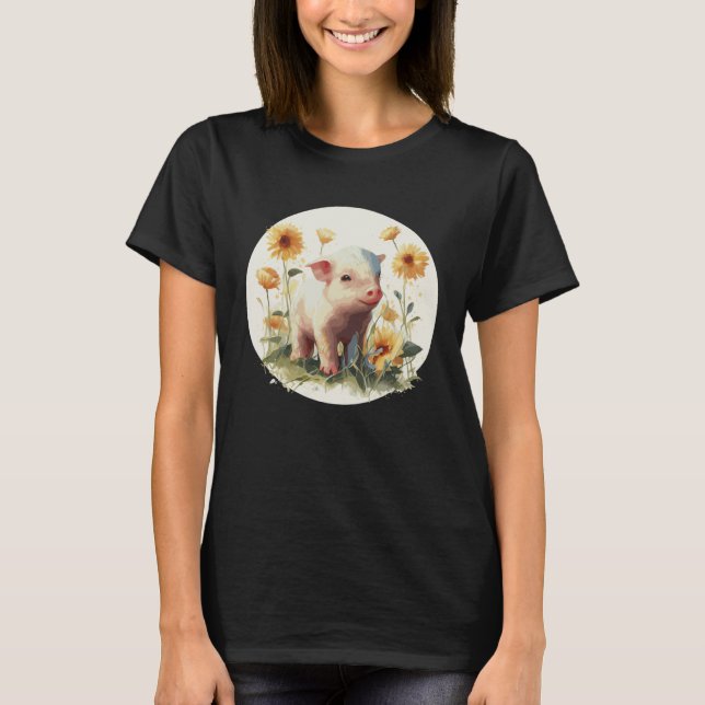 Cute Baby Pig Piglet Sunflower Farm Animal Farmer T-Shirt (Vorderseite)