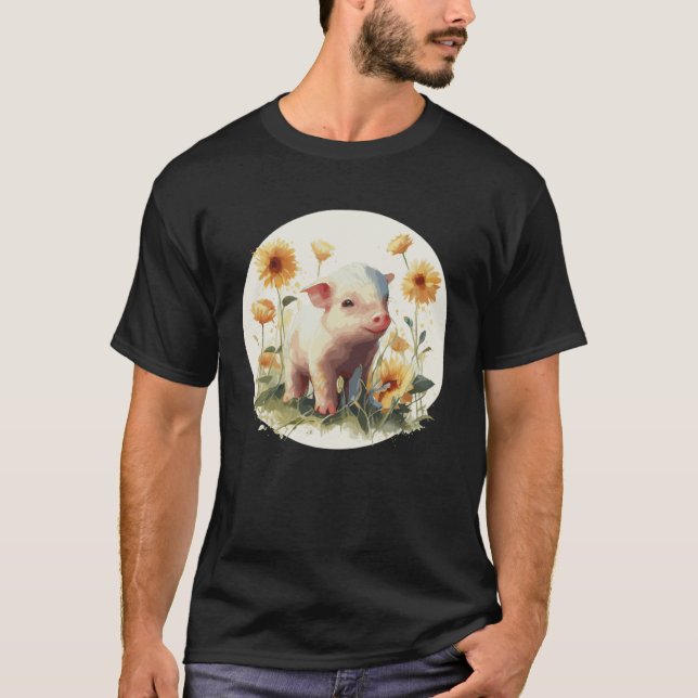 Cute Baby Pig Piglet Sunflower Farm Animal Farmer T-Shirt (Vorderseite)