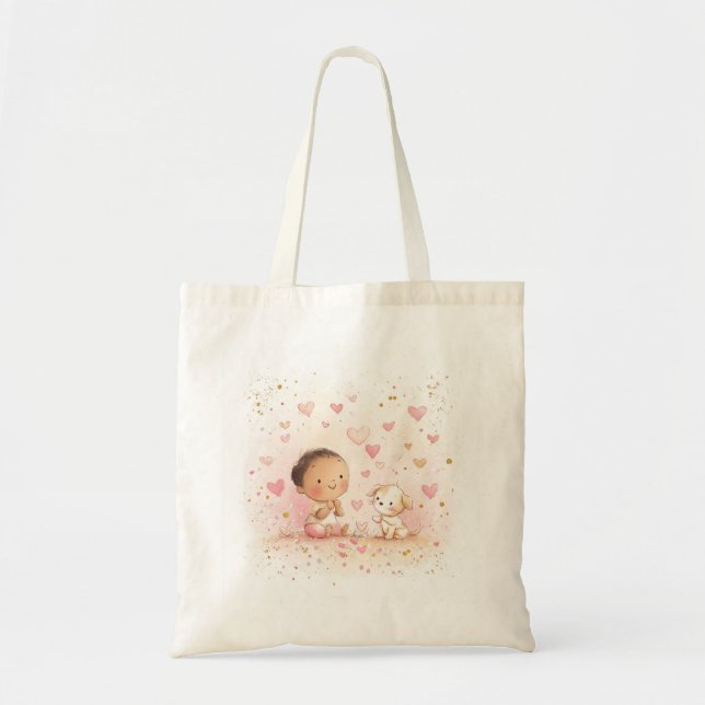 Cute Baby & Puppy Valentine’s Tote Bag | Pastel Tragetasche (Vorne)