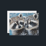 Cute Baby Raccoons Winter Snow Postkarte<br><div class="desc">Two adorable baby raccoons in the snow painting AI generated art</div>