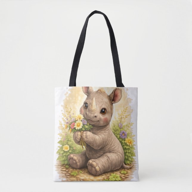 Cute Baby Rhino Floral Tote Bag Kawaii (Vorderseite)