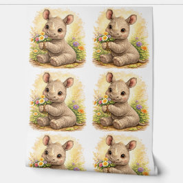 Cute Baby Rhino Flower Pattern Wallpaper Tapete