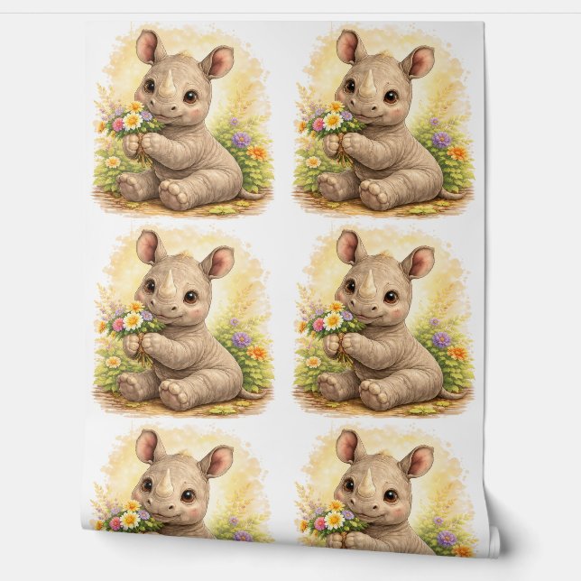 Cute Baby Rhino Flower Pattern Wallpaper Tapete (Abrollen)