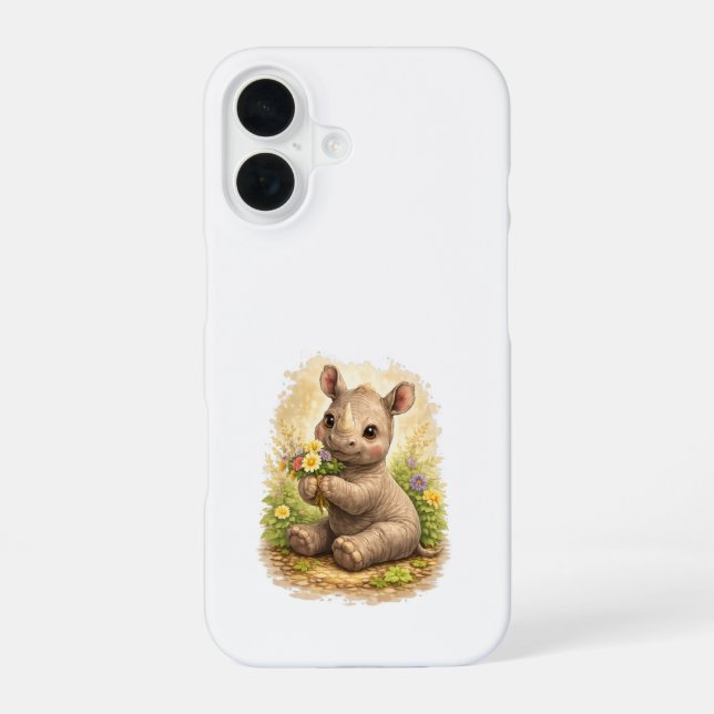 Cute Baby Rhino Flowers iPhone 16 Case Hülle (Rückseite)