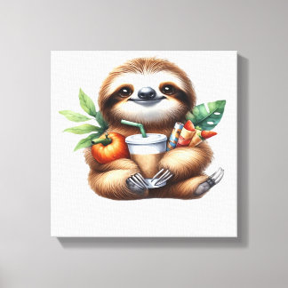 Cute Baby Sloth with Pumpkin Coffee and Pancakes w Leinwanddruck