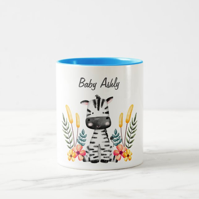 Cute Baby Zebra Flower Wreath Custom Name Mug Zweifarbige Tasse (Mittel)