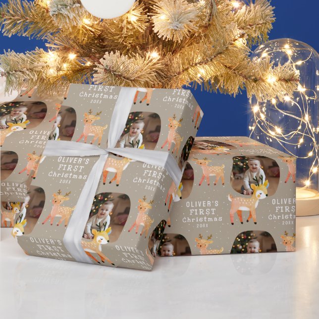 Cute Baby's 1st Christmas Photo Reindeer Geschenkpapier (Feiertage)