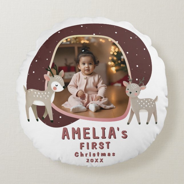 Cute Baby's 1st Christmas Photo Reindeer Rundes Kissen (Vorderseite)