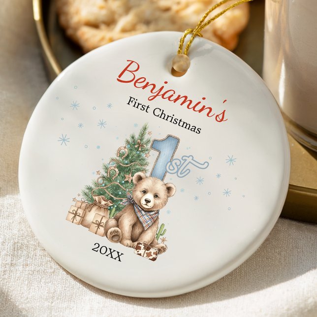 Cute baby's first Christmas tree blue teddy bear Keramik Ornament (Von Creator hochgeladen)