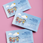 Cute Babysitter Childcare Visitenkarte<br><div class="desc">Childcare babysitting professional business cards featuring a watercolor sky blue background,  clouds,  three cute kids,  and a template that is easy to personalize.</div>