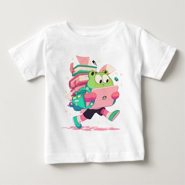 Cute Back to School Frog with Books and Backpack Baby T-shirt (Vorderseite)