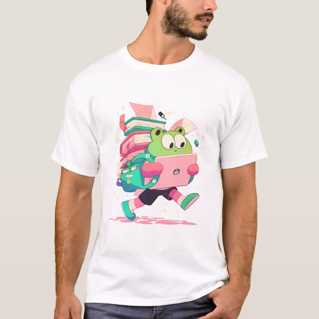 Cute Back to School Frog with Books and Backpack T-Shirt (Vorderseite)