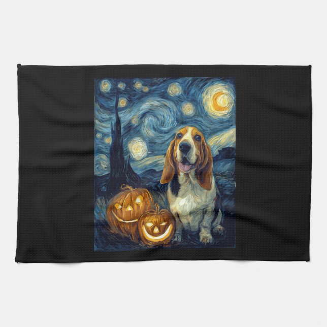Cute Basset Hound Dog Halloween Jack O Lantern Pum Geschirrtuch (Horizontal)