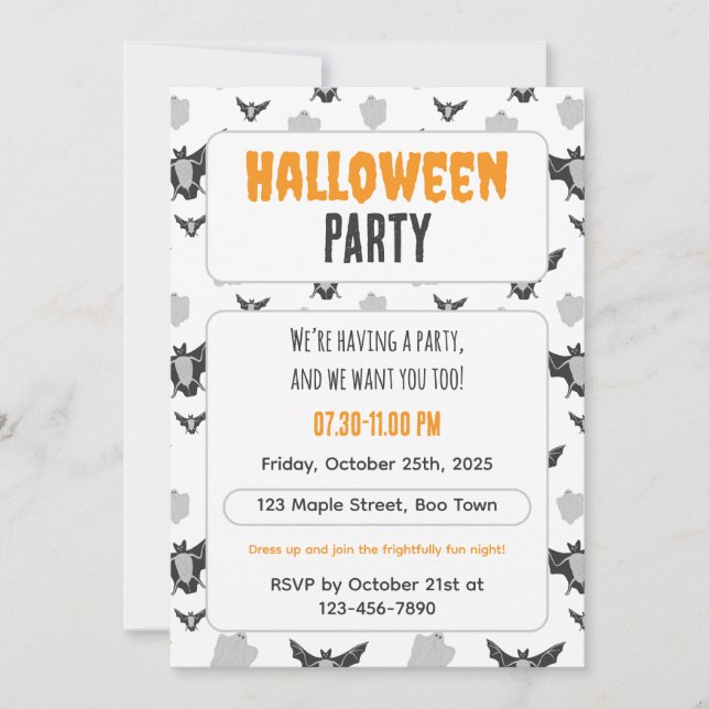 Cute Bat and Ghost Halloween Invitation. Einladung (Vorderseite)