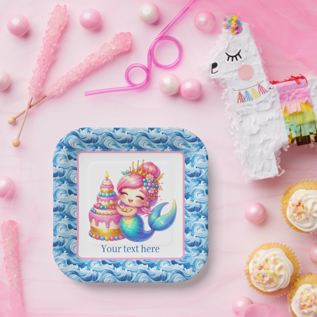 Cute Beach Birthday mermaid customizable  Pappteller (Party)