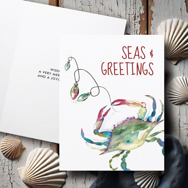 Cute Beach Christmas Cards Watercolor Crab Feiertagskarte (Beach Christmas cards watercolor crab art by Victoria Grigaliunas of Do Tell A Belle)
