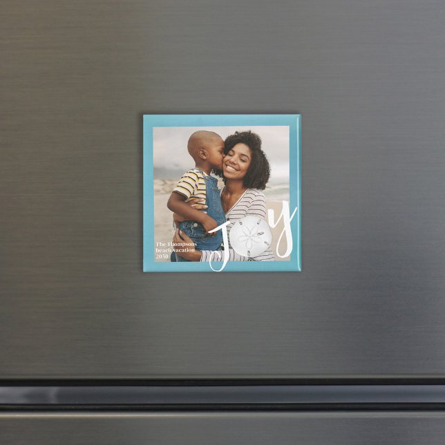 Cute Beach Christmas photo Joy Magnetic Magnet (Simple joy typography style photo magnet with a turquoise background.)