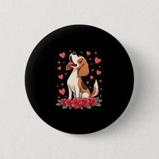 Cute Beagle with Red Roses Hearts Floral Valentine Button