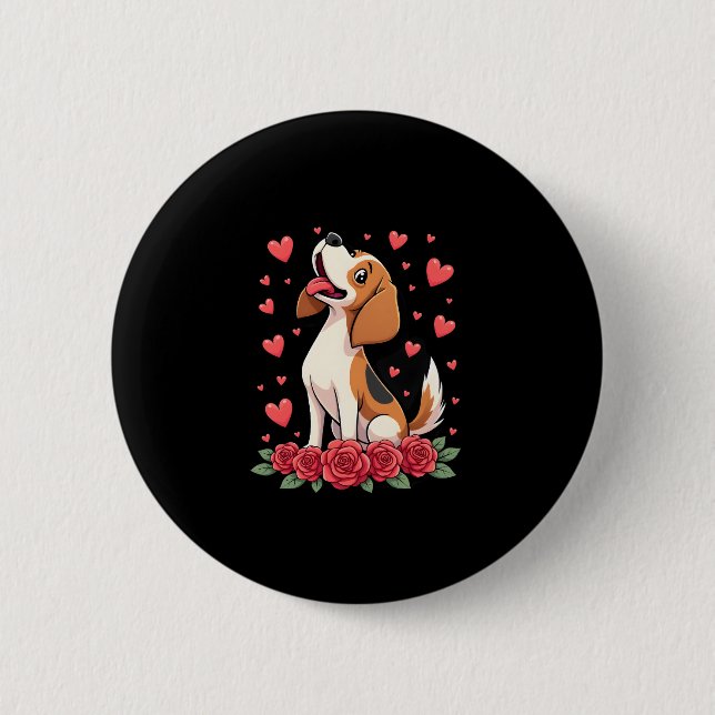 Cute Beagle with Red Roses Hearts Floral Valentine Button (Vorderseite)
