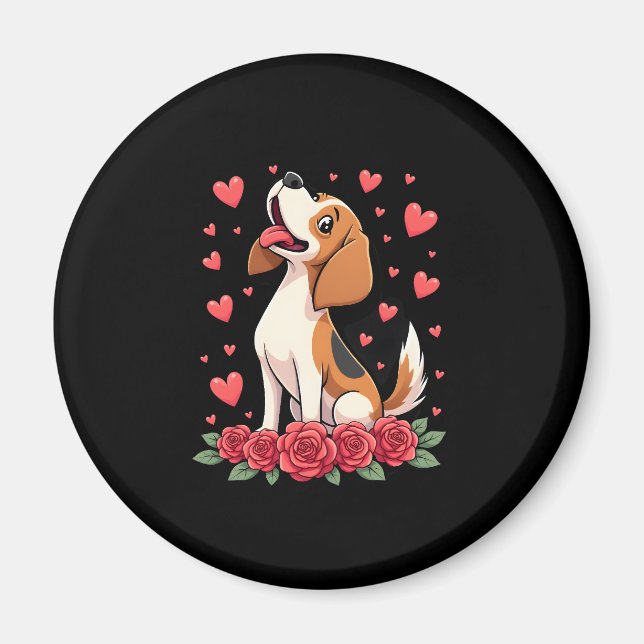 Cute Beagle with Red Roses Hearts Floral Valentine Magnet (Vorne)