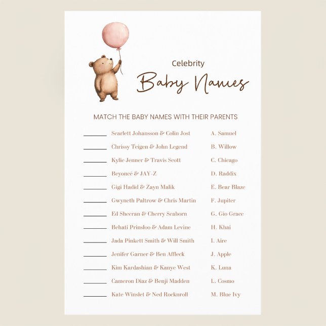 Cute Bear Balloon Baby Shower Celebrity Names Game Flyer (Von Creator hochgeladen)