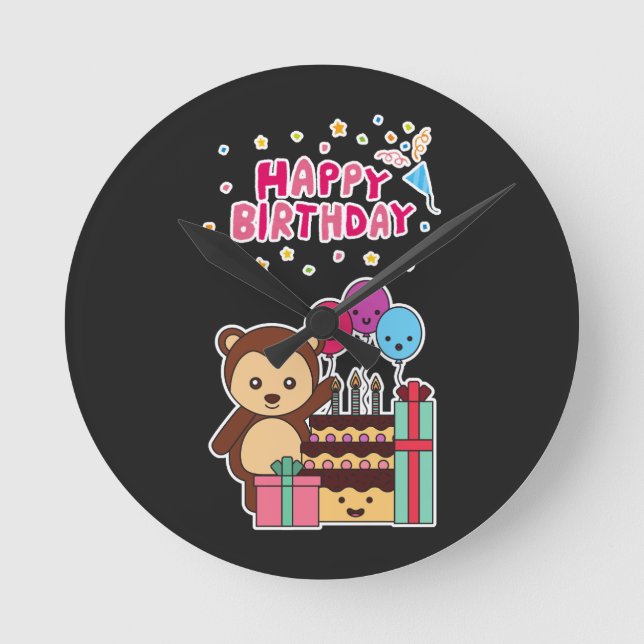Cute Bear Birthday Celebration - Adorable Cartoon  Runde Wanduhr (Vorderseite)