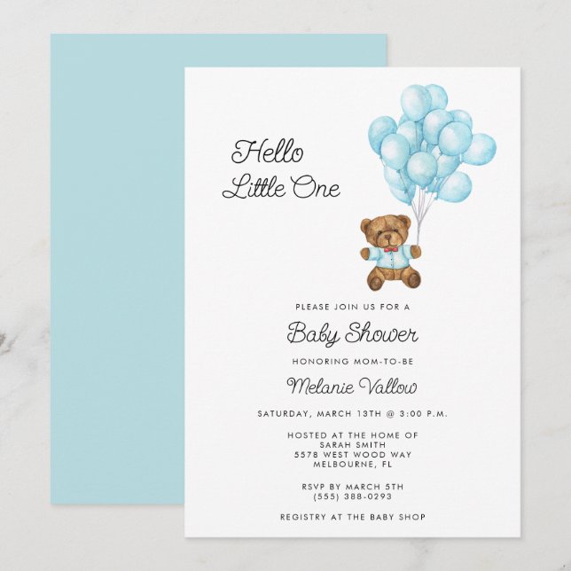 Cute Bear Boy Blue Baby Shower Invite Einladung (Vorne/Hinten)