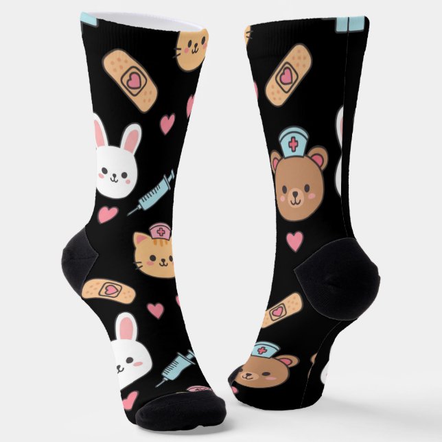 Cute Bear Bunny Kitten Medical Pattern  Socken (Gewinkelt)