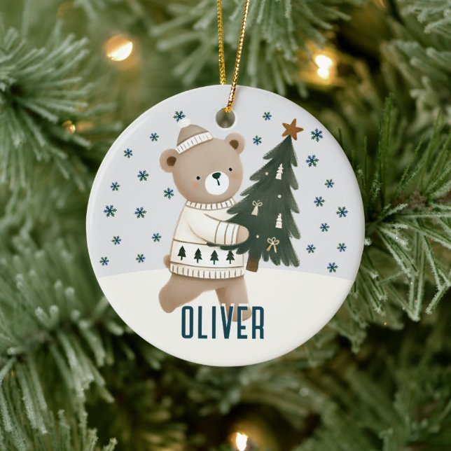 Cute Bear Christmas Tree Kids Name Christmas Keramik Ornament (Baum)