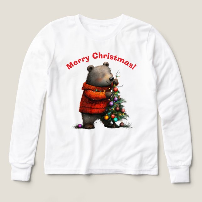Cute Bear Decorating Christmas Tree Sweatshirt (Design Vorderseite)