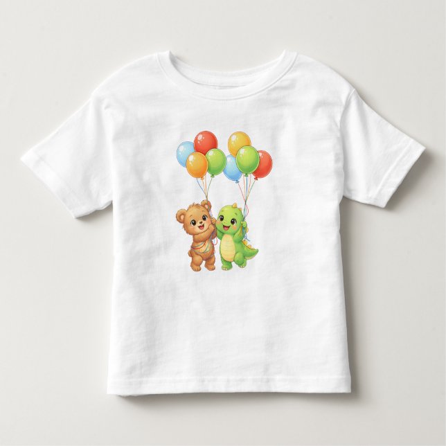 Cute Bear & Dino Balloon Toddler Birthday T-Shirt (Vorderseite)