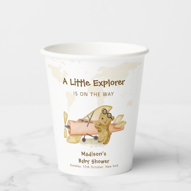 Cute Bear Explorer World Map Airplane Baby Shower  Pappbecher (Vorderseite)