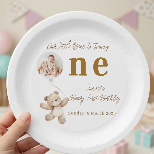 Cute Bear First Birthday Photo Party Paper Plates Pappteller (Von Creator hochgeladen)